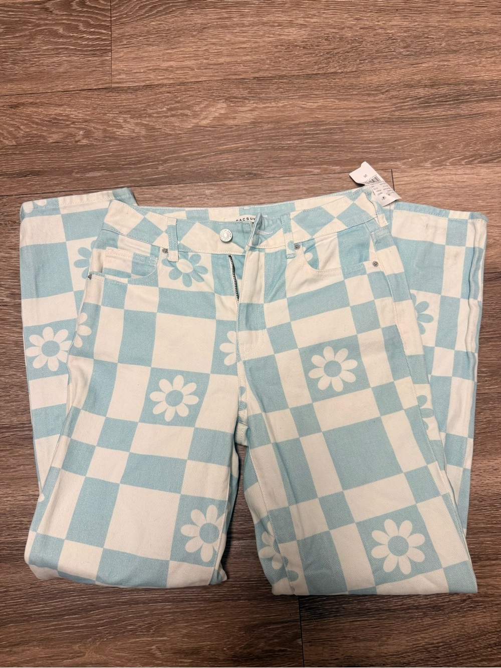 PacSun Light Blue & White Checkered Daisy Straight Leg Jeans